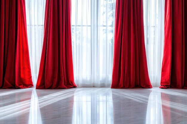 Photo stylish minimalist living room with bright red velvet curtains for modern interiors