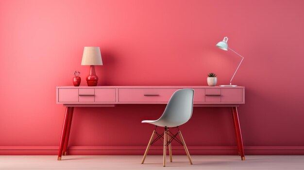 Stylish minimalist monochrome interior of modern office room in pastel carmine red and pink tones