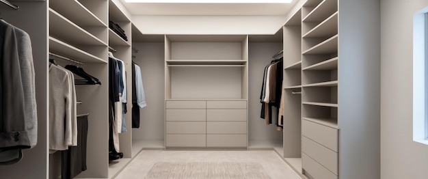 Stylish minimalist walk in closet featuring ample storage and natural light