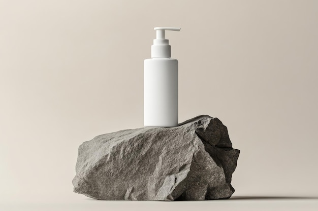 Photo a stylish and minimalist white pump bottle displayed on a rock a perfect mockup example