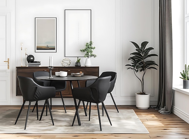 Stylish and minimalistic dining room interior with a designed black table chairs wooden sideboard cabinet and an elegant poster on the wall and personal accessories in the style of scandinavian style