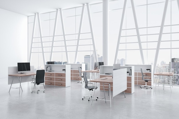 Stylish minimalistic white shades interior design of open space office with eco wooden details on tables and cabinets light floor and transparent wall with city view 3D rendering