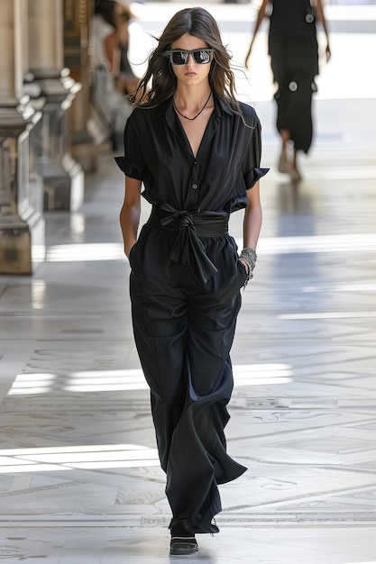 Photo stylish model in chic black jumpsuit on runway at fashion show