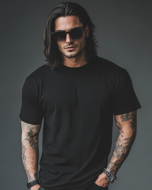 Photo stylish model poses confidently in a blank tshirt showcasing his tattoos