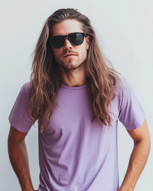 A stylish model poses confidently in a plain tshirt with long hair