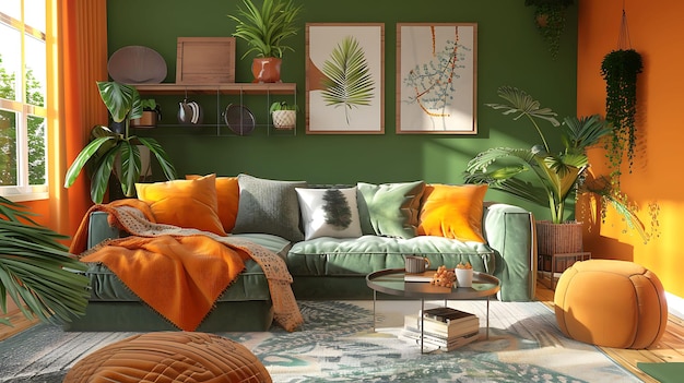 A stylish modern Bohemian living room interior design with green and orange tone colors 3d rendering