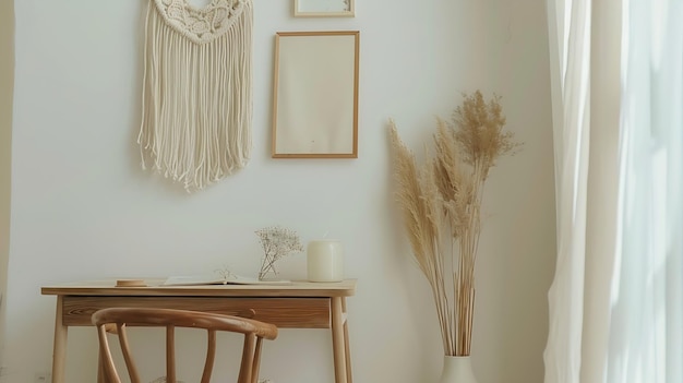 Stylish and modern boho interior of living room with mock up photo frames flowers in Generative AI