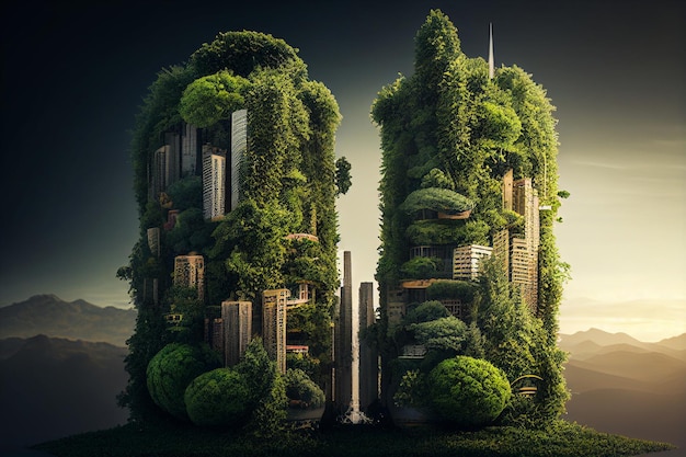 Stylish modern building with green plants on the facade the building project of the city of the future infrastructure development and green eco city streets business solar panels Generative AI