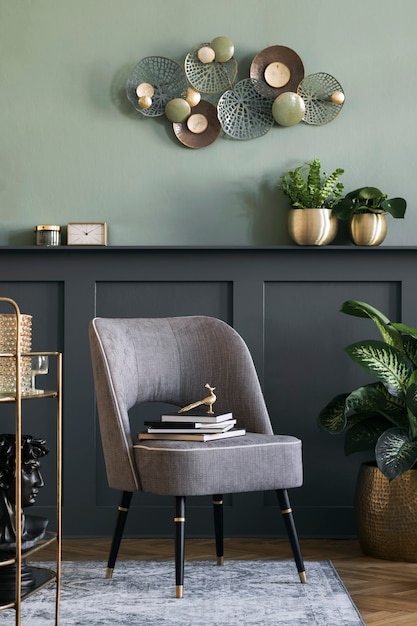 Stylish and modern composition of living room with design gray armchair, gold liquor cabinet, plants and elegant personal accessories. Gray wall panelling with shelf. Modern home decor.