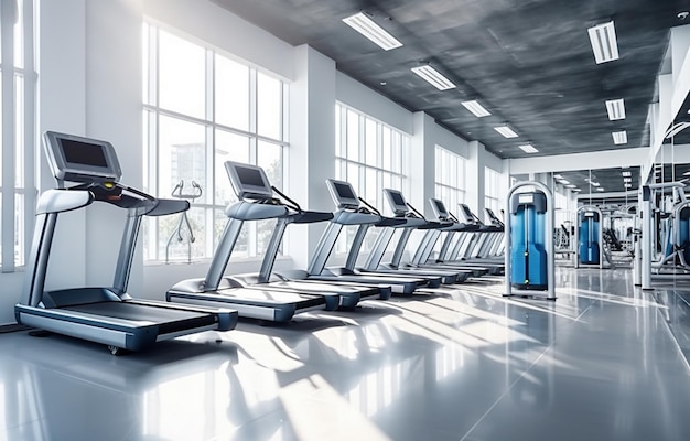 stylish and modern fitness gym with a variety of fitness equipment and machines light background