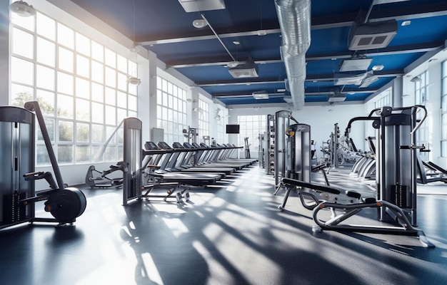 stylish and modern fitness gym with a variety of fitness equipment and machines light background