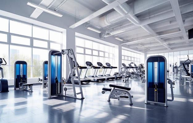 stylish and modern fitness gym with a variety of fitness equipment and machines light background