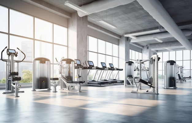 stylish and modern fitness gym with a variety of fitness equipment and machines light background