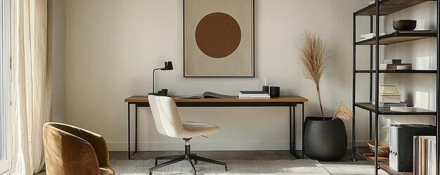 Photo stylish modern home office with minimalist decor and wall art