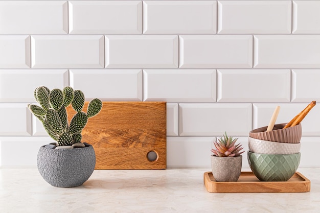 Stylish modern kitchen background with set of ceramic bowls and green opuntia cactus in pot Front view minimalism