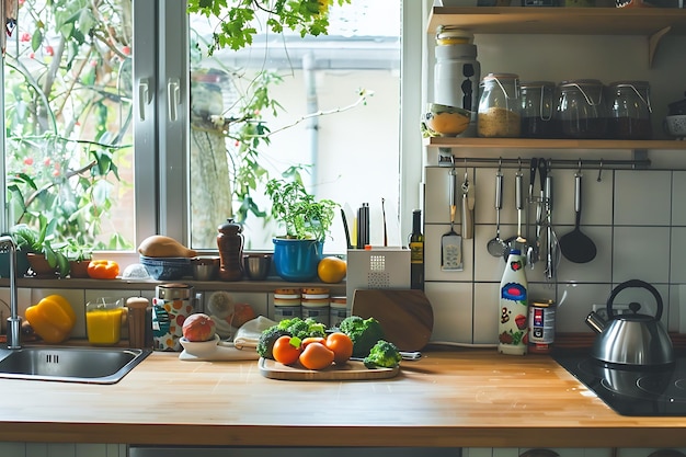 Stylish modern kitchen with vegetables on the table