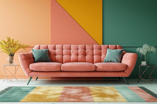 Stylish modern living room with peach sofa and colorful geometric wall design