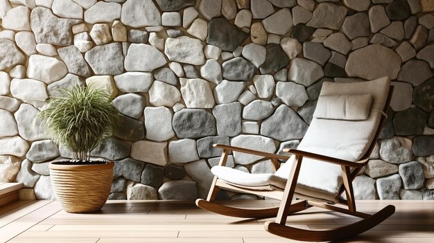 Photo stylish modern rocking chair in a serene setting with a stone wall and potted plant