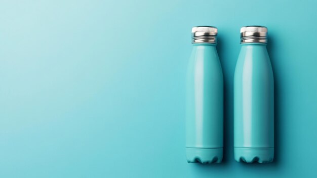 Photo stylish modern thermo bottles on light blue background