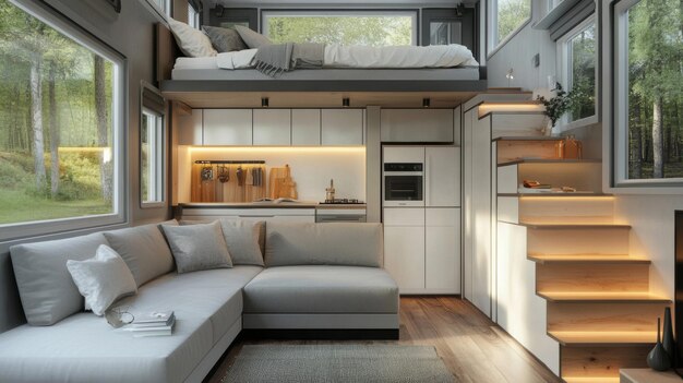 Photo stylish modern tiny house interior featuring smart design elements and spacesaving solutions for optimal functionality