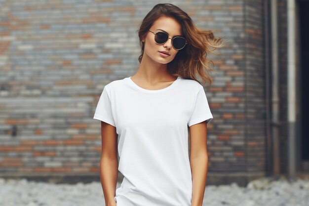 Stylish modern woman wearing white mockup tshirt