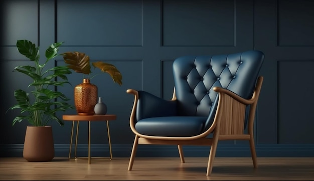 Stylish Modern wooden living room has an armchair on empty dark blue wall background Generative AI