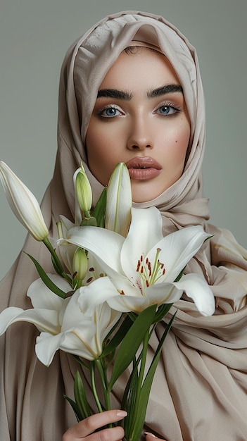 Stylish Muslim Woman with Lily Flowers on Light Background