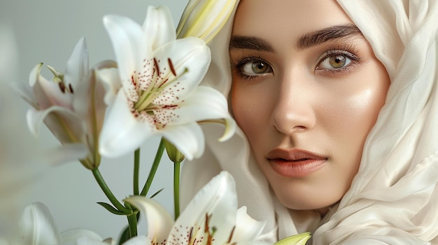 Stylish Muslim Woman with Lily Flowers on Light Background