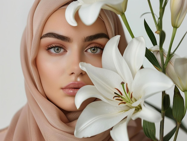 Stylish Muslim Woman with Lily Flowers on Light Background