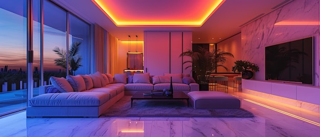 Stylish NeonLit Living Room with Minimalist Decor and Vibrant Accents for Modern Interior Design