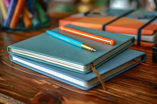 Stylish notebooks and color pens on wooden desk perfect for backtoschool planning