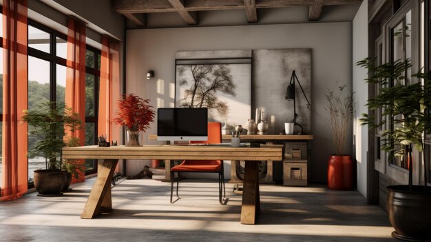 Stylish Office Space With Wood Desk And Plants