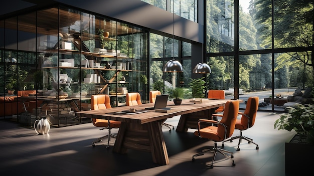 Stylish Office With Wooden Tables With Bronze Legs White Chairs And Separate Cabinet Behind A Glass