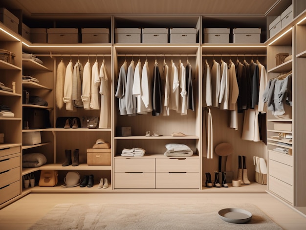 Stylish and organized beige dressing room Generative AI