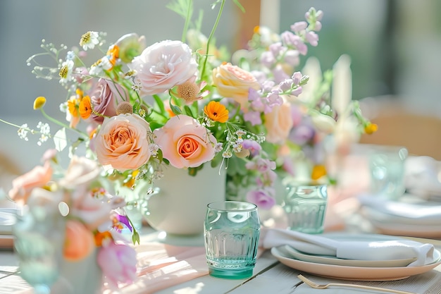 Stylish Outdoor Dining with Floral Accents in Blush Pink Mint and Lavender