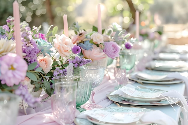 Stylish Outdoor Dining with Floral Accents in Blush Pink Mint and Lavender