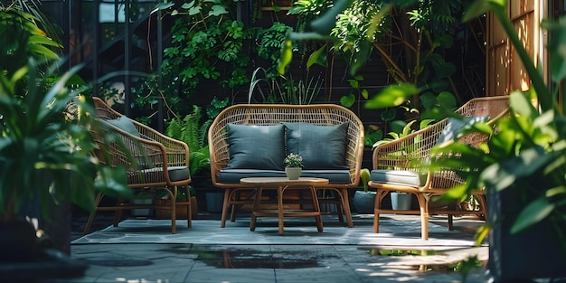 Stylish outdoor terrace with greenery cozy furniture and a relaxing atmosphere Concept Outdoor Terrace Design Greenery Decor Cozy Furniture Relaxing Atmosphere