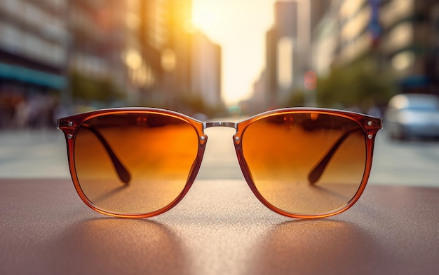 Stylish pair of sunglasses placed elegantly on a table