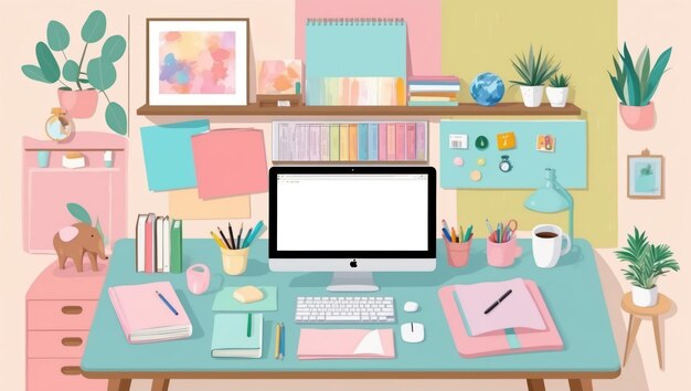 Photo a stylish pastel workspace illustration showcasing creativity and organization