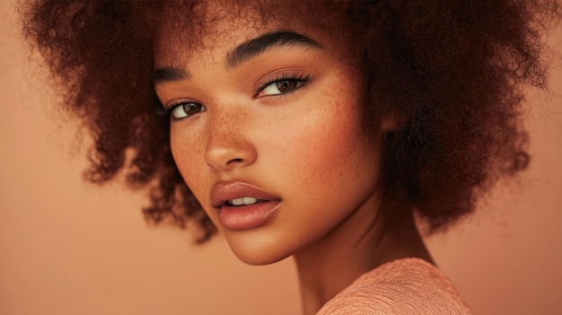 Stylish Peach Fuzz Fashion Statement Closeup of a Trendy Model Showcasing Fresh Color Palette on Neutral Background