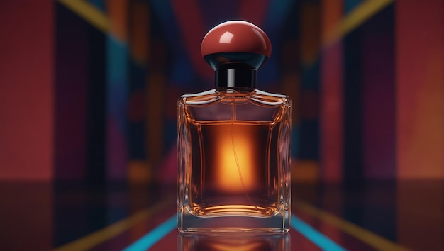 stylish perfume with a unique aroma in a glass bottle with a red cap on a colored background