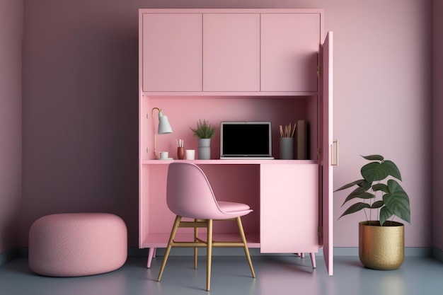 Stylish pink desk and chair in a modern room with natural light Generative AI