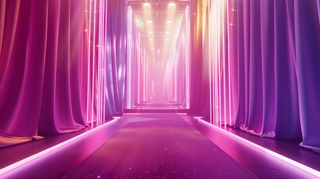 Stylish Pink and Purple Hallway with Curtains and Lights