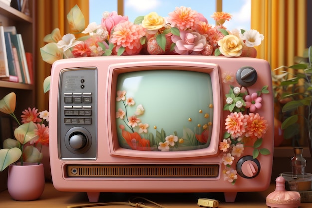 Stylish Pink Television Emitting an Abundance of Flowers and Leaves Generativ