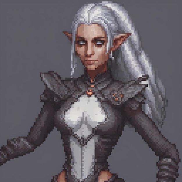 Stylish pixel art of a woman with long white hair dressed in a classic black and white outfit