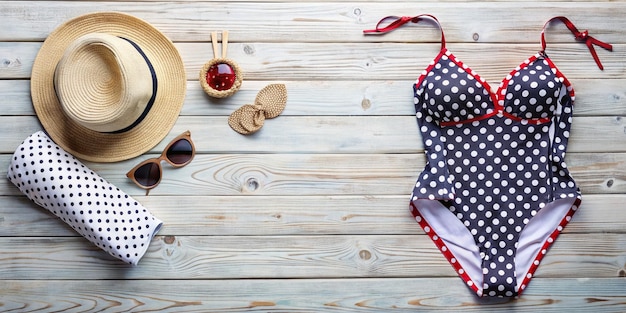 Stylish Polka Dot Swimsuit on White Wooden Table for Travel and Vacation