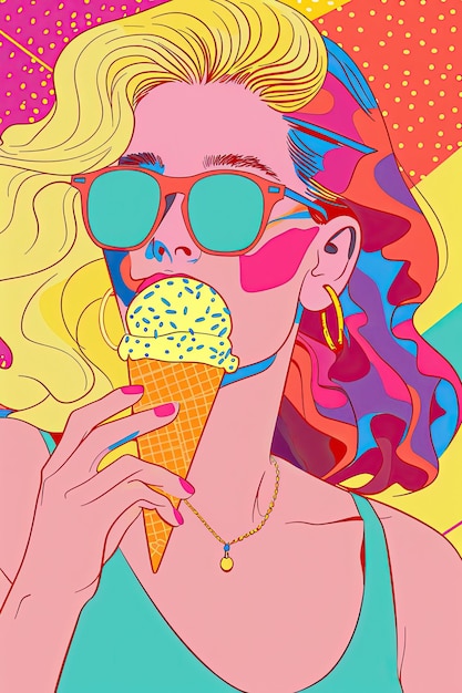 Photo a stylish pop art illustration of a woman in sunglasses eating a sprinkletopped ice cream cone against a colorful background