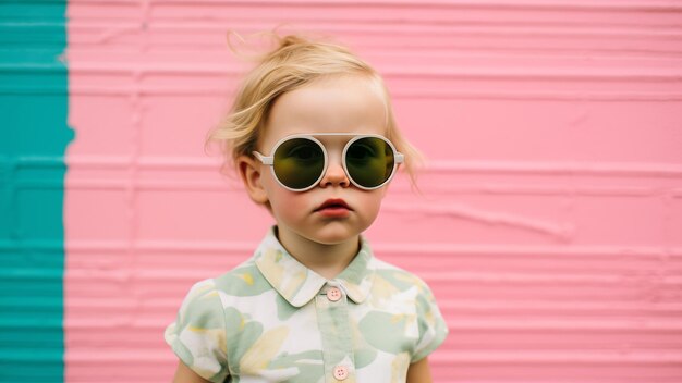 Photo a stylish portrait of a baby girl sporting trendy sunglasses against a delightful summer pastel background this cute and fashionable photoshoot captures the essence of fun in the sun