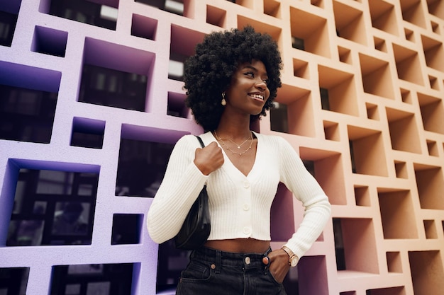 Stylish pretty african woman with Afro hairstyle posing near geometric wall