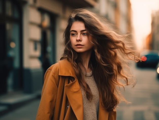 Stylish pretty woman in walking down the street